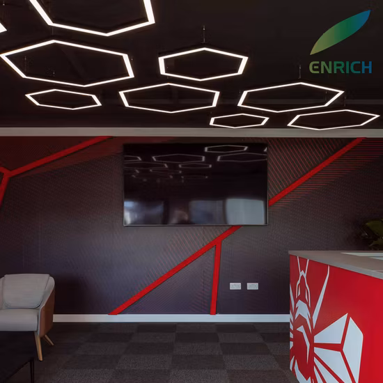 RGB 흡음 음향 패널이 있는 다채로운 6각형 모양 LED 선형 펜던트 조명