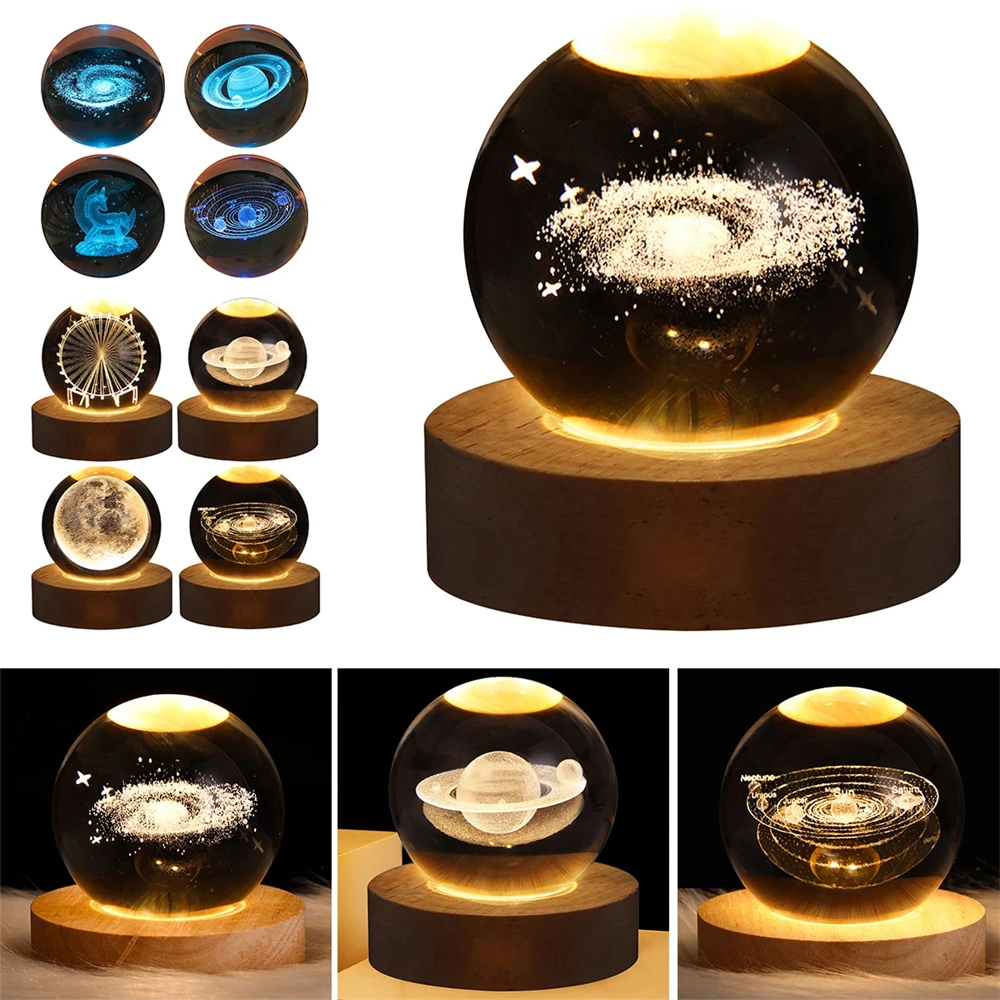 3D Luminous Solar System Carved LED Crystal Ball with Removable Ball